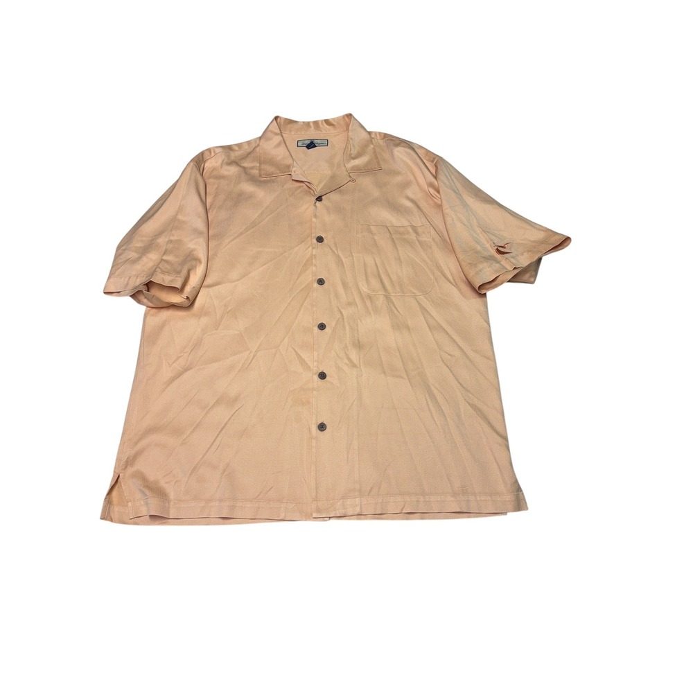 Tommy Bahama Mens Large Silk Cotton Herringbone Camp Shirt Peach Short‎ Sleeve